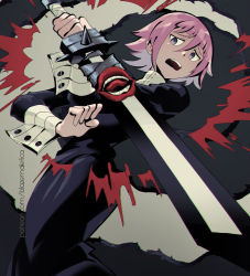 Rule 34 | androgynous, artist name, blazemalefica, blood, crona (soul eater), dress, frown, gauntlets, highres, leather, leather belt, long dress, long sleeves, looking down, open mouth, pink hair, purple eyes, short hair, solo, soul eater, spikes, teeth, tongue, tongue out, worried