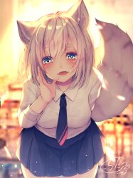 Rule 34 | 1girl, animal ear fluff, animal ears, black necktie, black skirt, blue eyes, blush, breasts, chair, chita (ketchup), collared shirt, commentary request, desk, fangs, fox ears, fox girl, fox tail, hand up, highres, indoors, leaning forward, long hair, long sleeves, looking at viewer, necktie, open mouth, original, pleated skirt, school chair, school desk, shirt, short eyebrows, signature, silver hair, skirt, small breasts, solo, sunlight, tail, thick eyebrows, white shirt