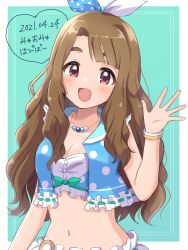 Rule 34 | 1girl, bandeau, bare shoulders, blue jacket, blush, border, bow, bracelet, breasts, brown eyes, brown hair, character name, cleavage, collarbone, crop top, cropped jacket, dot nose, green background, hair bow, hair ribbon, hand up, happy birthday, heart, highres, idolmaster, idolmaster million live!, idolmaster million live! theater days, jacket, jewelry, kahiika, long hair, looking at viewer, medium breasts, midriff, miyao miya, navel, necklace, open clothes, open hand, open jacket, open mouth, outside border, polka dot, polka dot jacket, polka dot ribbon, ribbon, ribbon-trimmed clothes, ribbon trim, sleeveless, sleeveless jacket, smile, solo, thick eyebrows, two-tone ribbon, upper body, white bandeau, white border