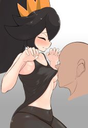 Rule 34 | 1girl, 1other, absurdres, ashley (warioware), black hair, black panties, black tank top, blush, breast sucking, breasts, closed eyes, clothes lift, collarbone, disembodied head, faceless, from side, gradient background, hairband, highres, lifting another&#039;s clothes, long hair, navel, nintendo, nipples, no bra, one breast out, orange hairband, panties, panties under pantyhose, pantyhose, parted lips, profile, rnt (251139), saliva, see-through, see-through legwear, shirt lift, sidelocks, sitting, small breasts, stomach, sweat, tank top, tearing up, twintails, underwear, warioware