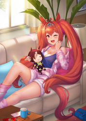 Rule 34 | 1girl, animal ears, bare shoulders, blue camisole, blush, brand name imitation, breasts, camisole, cellphone, character doll, cleavage, collarbone, couch, cup, daiwa scarlet (umamusume), food, hand up, highres, horse ears, horse girl, indoors, jacket, lamp, leg warmers, long hair, on couch, one eye closed, open mouth, pajamas, phone, pink jacket, plant, pocky, potted plant, reclining, rug, shorts, slippers, smartphone, smile, solo, sunlight, table, tiara, twintails, umamusume, vococo, vodka (umamusume), window