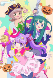 Rule 34 | 3girls, :d, blue eyes, blue jacket, blunt bangs, brown hair, claw pose, commentary request, crescent, detached sleeves, dress, fang, green hair, green shirt, halloween costume, hands up, hat, highres, holding, holding sword, holding wand, holding weapon, idol clothes, idol time pripara, jack-o&#039;-lantern, jacket, jewelry, ku (residual666), long hair, long sleeves, looking at viewer, manaka non, mini hat, mini witch hat, mole, mole under mouth, multiple girls, neck ribbon, necklace, open mouth, pink dress, pink footwear, pink headwear, pirate costume, pirate hat, pretty series, pripara, pumpkin, purple eyes, purple hair, ribbon, shirt, short hair, short shorts, shorts, skull, smile, standing, star (symbol), sword, taiyo pepper, tsukikawa chili, twintails, two side up, vampire costume, wand, weapon, white shirt, witch, witch hat
