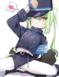 Rule 34 | 1boy, 1girl, absurdres, armband, belt, black shorts, blue archive, blue armband, blush, buttons, closed mouth, clothing aside, commentary request, double-breasted, fang, girl on top, green hair, hat, heart, hetero, highlander twintails conductor (blue archive), highres, long hair, long sleeves, looking at viewer, pantyhose, pointy ears, pov, pov crotch, shako cap, shirt tucked in, short shorts, shorts, shorts aside, simple background, smile, solo focus, spoken heart, spread legs, straddling, sweatdrop, twintails, utsusumi kio, white background, white pantyhose, yellow eyes
