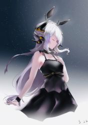 Rule 34 | 1girl, alternate costume, arknights, bare arms, bare shoulders, black dress, breasts, choker, closed eyes, cropped torso, dress, gradient background, hair ornament, hair ribbon, hand on own chest, long hair, low-tied long hair, profile, ribbon, scup, silver hair, sleeveless, sleeveless dress, small breasts, solo, spaghetti strap, weedy (arknights), wristband