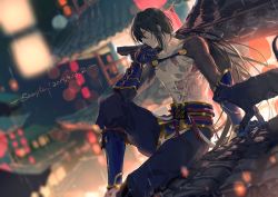 Rule 34 | 1boy, architecture, bishounen, black hair, blurry, blurry background, cat, dated, east asian architecture, fate/grand order, fate (series), gauntlets, green eyes, highres, long hair, low ponytail, male focus, on roof, pectorals, rrr (reason), sitting, tattoo, yan qing (fate)