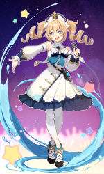 Rule 34 | 1girl, :d, absurdres, barbara (genshin impact), bare shoulders, blonde hair, blue eyes, book, bow, bowtie, cross, detached sleeves, dress, drill hair, frilled dress, frills, full body, genshin impact, hat, high heels, highres, idol, long sleeves, lxy122, microphone, open mouth, pantyhose, smile, solo, star (symbol), twin drills, twintails, water, white pantyhose