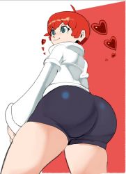 Rule 34 | 1girl, ahoge, aqua eyes, ass, ass focus, bike shorts, coat, davenextdoor (justdavefnd), heart, highres, huge ass, long sleeves, looking to the side, persona, persona 5, persona 5 scramble: the phantom strikers, red hair, short hair, short shorts, shorts, simple background, smile, solo, sophia (p5s), spandex, thick thighs, thighs