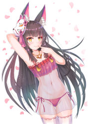 Rule 34 | 1girl, animal ear fluff, animal ears, arm behind head, arm up, artist name, azur lane, bare arms, black hair, chemise, cocoasabure, commentary request, cowboy shot, finger to mouth, fox ears, fox mask, highres, jewelry, lingerie, long hair, looking at viewer, mask, mask on head, nagato (azur lane), nagato (great fox&#039;s respite) (azur lane), navel, necklace, orange eyes, panties, petals, red panties, see-through, side-tie panties, smile, solo, thigh gap, thighhighs, underwear, very long hair, white background, white thighhighs