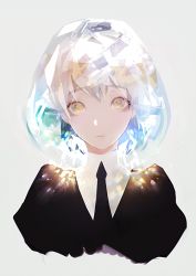 Rule 34 | 1other, androgynous, backlighting, black necktie, black shirt, closed mouth, collared shirt, cropped torso, diamond (houseki no kuni), expressionless, eyelashes, grey background, houseki no kuni, light, light particles, looking at viewer, multicolored hair, necktie, nido celisius, portrait, puffy short sleeves, puffy sleeves, sanpaku, shirt, short hair, short sleeves, simple background, solo, white hair, yellow eyes