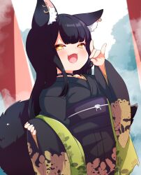 Rule 34 | 1girl, :d, animal ear fluff, animal ears, bell, black choker, black hair, black kimono, blush, choker, done (donezumi), ear piercing, earrings, fang, floral print, floral print kimono, fox ears, fox girl, fox shadow puppet, fox tail, gold earrings, highres, japanese clothes, jewelry, kimono, long hair, long sleeves, looking at viewer, neck bell, obi, open mouth, original, outdoors, piercing, print kimono, sash, skin fang, smile, solo, standing, tail, yellow eyes