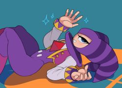 Rule 34 | absurdres, androgynous, blue eyes, captain kirb, colored skin, eyelashes, gender request, hat, highres, jester, jester cap, looking at viewer, lying, nights (character), nights into dreams, sega, waving, white skin