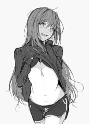 Rule 34 | 1girl, :p, absurdres, blush, bra, bra lift, breasts, clothes lift, cowboy shot, dolphin shorts, fate/grand order, fate (series), grey background, greyscale, hair between eyes, hand under clothes, highres, hplay, large breasts, lifted by self, long hair, long sleeves, looking at viewer, monochrome, navel, scathach (fate), short shorts, shorts, simple background, sketch, smile, solo, standing, sweater, sweater lift, tongue, tongue out, underboob, underwear, undressing