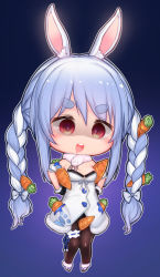 Rule 34 | 1girl, :d, animal ear fluff, animal ears, bare shoulders, black gloves, black leotard, black pantyhose, blue hair, blush, braid, breasts, carrot, carrot hair ornament, carrying, carrying under arm, chibi, coat, coat dress, commentary request, crazy eyes, cutout above navel, dark background, detached sleeves, don-chan (usada pekora), dress, drooling, empty eyes, food-themed hair ornament, fur-trimmed coat, fur-trimmed gloves, fur scarf, fur trim, gloves, gradient background, hair ornament, highres, hikimayu, hololive, korean commentary, leotard, long hair, mochikushi, mouth drool, multicolored hair, open mouth, pantyhose, playboy bunny, puffy short sleeves, puffy sleeves, rabbit ears, rabbit girl, rabbit tail, red eyes, scarf, short eyebrows, short sleeves, small breasts, smile, solo, strapless, strapless coat, strapless dress, strapless leotard, swept bangs, tail, teeth, thigh strap, twin braids, twintails, two-tone hair, upper teeth only, usada pekora, usada pekora (1st costume), v-shaped eyebrows, virtual youtuber, white coat, white footwear, white hair, white scarf, white sleeves