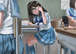 Rule 34 | 1girl, black hair, blue eyes, classroom, desk, itou tatsuya, looking at viewer, original, school uniform, sex toy, vibrator, vibrator under clothes