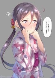 Rule 34 | 1girl, akebono (kancolle), animal print, bad id, bad twitter id, bell, fish print, flower, flying sweatdrops, grey background, hair bell, hair flower, hair ornament, heart, heart-shaped pupils, japanese clothes, jingle bell, juurouta, kantai collection, kimono, long hair, one-hour drawing challenge, purple eyes, purple hair, side ponytail, simple background, solo, symbol-shaped pupils, translated, upper body, very long hair, white kimono, yukata