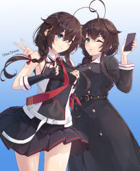 Rule 34 | 2girls, ahoge, asymmetrical gloves, belt, black belt, black coat, black gloves, black shirt, black skirt, blue eyes, braid, breasts, brown hair, cellphone, coat, dual persona, fingerless gloves, gloves, grabbing own breast, gradient background, hair flaps, hair ornament, hair over shoulder, hand under clothes, highres, himeyamato, holding, holding phone, kantai collection, long coat, long sleeves, medium breasts, miniskirt, multiple girls, necktie, phone, pleated skirt, red necktie, shigure (kancolle), shigure kai san (kancolle), shirt, single braid, skirt, sleeveless, sleeveless shirt, smartphone, two-tone shirt, white belt, white shirt