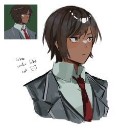Rule 34 | 1girl, black coat, black vest, brown eyes, brown hair, closed mouth, coat, dark-skinned female, dark skin, highres, limbus company, looking to the side, msx (mis4xi), necktie, outis (project moon), project moon, red necktie, reference inset, short hair, simple background, solo, upper body, vellmori, vest, white background, wing collar