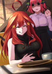 Rule 34 | absurdres, after meal, ahoge, anger vein, black ribbon, black skirt, black sweater, blue eyes, blunt bangs, booth seating, bowl, breasts, butterfly hair ornament, clenched hand, collared shirt, commentary request, go-toubun no hanayome, hair ornament, hair ribbon, hand on own stomach, high-waist skirt, highres, indoors, izawa (bhive003), large breasts, licking lips, long hair, long skirt, nakano itsuki, nakano nino, pink hair, plate, pleated skirt, ribbed sweater, ribbon, shaded face, shirt, short hair, shouting, siblings, sisters, skirt, sleeveless, sleeveless turtleneck, star (symbol), star hair ornament, sweater, tongue, tongue out, turtleneck, twins, two side up, waitress, white shirt