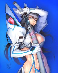 Rule 34 | 1girl, a.b.singh, black hair, blue eyes, boots, breasts, epaulettes, gloves, highres, junketsu, kamui (kill la kill), kill la kill, kiryuuin satsuki, large breasts, long hair, looking at viewer, revealing clothes, scabbard, sheath, simple background, solo, suspenders, sword, thick eyebrows, thighhighs, weapon