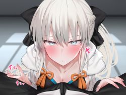 Rule 34 | 1boy, 1girl, black bow, black dress, blue eyes, bow, braid, breasts, bulge, cleavage, collarbone, dress, fate/grand order, fate (series), french braid, grey hair, hair bow, large breasts, long hair, long sleeves, looking at viewer, morgan le fay (fate), ponytail, sidelocks, spread legs, two-tone dress, very long hair, white dress, yuyu (yuyuworks)