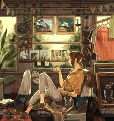 Rule 34 | 1girl, brown hat, brown shirt, brush, cake, clock, clothes writing, collared shirt, cup, day, food, frog, from side, fruit, hat, highres, imoni (gggzooo), indoors, original, picture frame, plant, plate, pocket, ponytail, saucer, shirt, sitting, solo, strawberry, unworn hat, unworn headwear, window