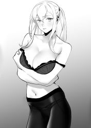Rule 34 | 1girl, bra, breasts, cleavage, closed mouth, covering privates, covering breasts, graf zeppelin (kancolle), greyscale, hair between eyes, highres, kantai collection, large breasts, long hair, looking at viewer, monochrome, off shoulder, panties, panties under pantyhose, pantyhose, shingyou (alexander-13), sidelocks, simple background, solo, twintails, underwear
