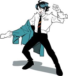 Rule 34 | 1boy, bad id, bad twitter id, black necktie, blazer, blue hair, clenched hand, clothes grab, disembodied limb, full body, jacket, kendy (revolocities), male focus, necktie, partially colored, personification, school uniform, smile, solo, striped necktie, striped neckwear, struggling, thomas the tank engine, thomas the tank engine (character), uniform, white background