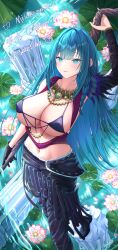 1girl ahoge amano_nene_(vtuber) bikini bikini_top_only black_pants blue_hair breasts cleavage closed_mouth collar commission cosplay covered_erect_nipples detached_sleeves dragon_age dragon_age:_origins eeyoosekedooaat highres large_breasts long_hair looking_at_viewer micro_bikini morrigan_(dragon_age) morrigan_(dragon_age)_(cosplay) navel pants production_kawaii skeb_commission smile solo string_bikini swimsuit very_long_hair virtual_youtuber