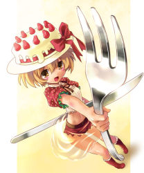 Rule 34 | brown eyes, brown hair, cake, food, food-themed clothes, food as clothes, foreshortening, fork, fruit, full body, hat, katahira masashi, knife, midriff, navel, original, oversized object, pastry, short hair, strawberry