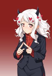 Rule 34 | 1girl, black horns, black skirt, black suit, blush, breasts, commentary, cowboy shot, demon girl, demon horns, formal, gradient background, heart, heart-shaped pupils, helltaker, highres, horns, index fingers together, large breasts, long fingers, long hair, long sleeves, looking at viewer, modeus (helltaker), nail polish, pencil skirt, red background, red eyes, red nails, red sweater, ribbed sweater, ryunsun9, simple background, skirt, solo, suit, sweater, symbol-shaped pupils, turtleneck, white background, white hair