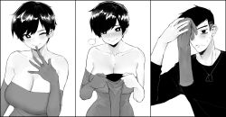Rule 34 | 1boy, 1girl, bare shoulders, black shirt, blush, breasts, cleavage, closed mouth, commission, dress, elbow gloves, facing viewer, finger to mouth, gloves, greyscale, large breasts, looking at viewer, meme, monochrome, norman maggot, olive laurentia, one eye closed, original, pixie cut, sequential, shirt, short hair, sigit martinus, smile, standing, strapless, strapless dress, sweat, unworn gloves, upper body, wink