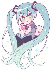 Rule 34 | 1girl, aqua eyes, aqua hair, black sleeves, bright pupils, collared shirt, detached sleeves, emma (kumaema), grey shirt, hands up, hatsune miku, highres, long hair, looking at viewer, shirt, simple background, solo, sparkle, twintails, vocaloid, white background, white pupils