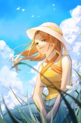 Rule 34 | 1girl, absurdres, akechi (826988799), animification, between legs, breasts, brown eyes, cloud, commentary, english commentary, exy (wjsn), grass, hand between legs, hat, highres, k-pop, light smile, looking ahead, medium breasts, orange hair, parted bangs, real life, sitting, sky, smile, solo, sun hat, tank top, white hat, wjsn, yellow tank top