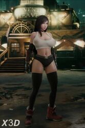 Rule 34 | 1girl, 3d, alternate costume, animated, arched back, armpits, black gloves, boots, bouncing breasts, breasts, brown hair, cammy stretch (meme), elbow gloves, final fantasy, final fantasy vii, final fantasy vii remake, full body, gloves, huge breasts, lips, long hair, low-tied long hair, lowres, navel, nipples, no bra, outdoors, red eyes, red footwear, see-through, see-through shirt, short shorts, shorts, standing, stretching, tagme, tank top, thighhighs, tifa lockhart, town, very long hair, video, white tank top, x3d
