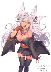Rule 34 | 1girl, 2017, animal ears, bell, blush, breasts, cleavage, collar, dated, fox ears, fox tail, garter straps, gloves, hair bell, hair ornament, herio, highres, japanese clothes, large breasts, long hair, looking at viewer, no bra, open mouth, original, red gloves, simple background, solo, tail, thighhighs, white background, white hair, wide sleeves, yellow eyes