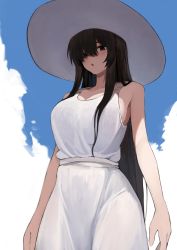 Rule 34 | 1girl, 2channel, absurdres, bare shoulders, black hair, blush, breasts, brown eyes, cloud, day, dress, hasshaku-sama, hat, highres, large breasts, long hair, looking at viewer, looking down, marse (rokudaime), open mouth, original, shadow, sky, solo, standing, sun hat, very long hair, white dress
