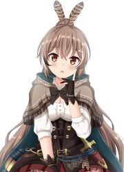 Rule 34 | 1girl, absurdres, ahoge, black gloves, blush, breasts, brown capelet, brown eyes, brown hair, brown skirt, capelet, cleavage, commentary, dagger, feather hair ornament, feathers, fringe trim, gloves, hair ornament, hand up, highres, hololive, hololive english, knife, koyuki (azumaya999), lantern, long hair, looking at viewer, medium breasts, multicolored hair, nanashi mumei, parted lips, partially fingerless gloves, pleated skirt, sheath, sheathed, shirt, simple background, skirt, solo, streaked hair, very long hair, virtual youtuber, weapon, white background, white hair, white shirt