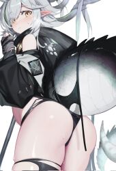 Rule 34 | 1girl, arknights, ass, ass focus, bare shoulders, crocodilian tail, from behind, gloves, grey gloves, grey hair, highres, holding, holding staff, hood, hooded shirt, large tail, looking at viewer, looking back, ness (pjw0168), partially fingerless gloves, pointy ears, simple background, solo, staff, tail, tail strap, thighhighs, tomimi (arknights), torn clothes, torn thighhighs, waist cutout, white background, yellow eyes