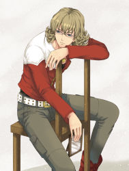 Rule 34 | 10s, 1boy, bad id, bad pixiv id, barnaby brooks jr., belt, blonde hair, blue eyes, boots, chair, framed, glasses, jacket, jewelry, male focus, merryluce, necklace, photo (object), picture frame, red jacket, sitting, sitting backwards, solo, studded belt, tiger &amp; bunny