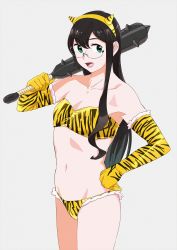 Rule 34 | 1girl, animal print, bad id, bad twitter id, bandeau, bikini, black hair, breasts, club, club (weapon), collarbone, cowboy shot, elbow gloves, glasses, gloves, green eyes, grey background, hair between eyes, hairband, hand on own hip, highres, holding, holding weapon, horns, kanabou, kantai collection, long hair, navel, ojipon, oni, oni horns, ooyodo (kancolle), open mouth, semi-rimless eyewear, simple background, small breasts, solo, spiked club, standing, stomach, strapless, strapless bikini, swimsuit, thighs, tiger print, under-rim eyewear, weapon, yellow bikini, yellow gloves, yellow hairband