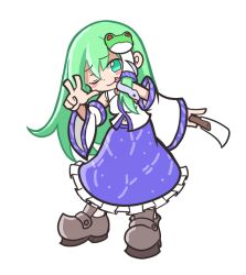Rule 34 | 1girl, ;p, blue skirt, brown footwear, collared shirt, detached sleeves, dot nose, frilled skirt, frills, full body, gohei, green eyes, green hair, hair between eyes, hair ornament, hair tubes, hand up, head tilt, kochiya sanae, loafers, long hair, long skirt, looking at viewer, navel, nontraditional miko, one eye closed, outstretched arm, parody, partially unbuttoned, puyopuyo, salute, shinmon akika, shirt, shoes, simple background, single sidelock, skirt, sleeveless, sleeveless shirt, snake hair ornament, socks, solo, standing, straight hair, style parody, tongue, tongue out, touhou, two-finger salute, very long hair, white background, white shirt, white socks, wide sleeves