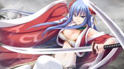Rule 34 | 1girl, arms up, blue eyes, blue hair, breasts, cleavage, clenched teeth, double bun, eushully, fighting, game cg, katana, large breasts, long hair, looking at viewer, madou koukaku, matching hair/eyes, midriff, navel, smile, solo, sword, teeth, weapon