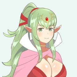 Rule 34 | 1girl, blush, boots, breasts, cape, cleavage, collar, facing viewer, fire emblem, fire emblem awakening, green eyes, green hair, high heel boots, high heels, high ponytail, highres, jaggy lines, jewelry, large breasts, long hair, looking at viewer, medium breasts, mature female, nintendo, no bra, aged up, orbiculare, pink cape, pointy ears, ponytail, smile, solo, tiara, tiki (fire emblem), upper body