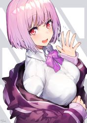 Rule 34 | 1girl, :d, blouse, blush, bow, bowtie, breasts, collared shirt, commentary request, gridman universe, hand up, has bad revision, has downscaled revision, highres, jacket, large breasts, light purple hair, long sleeves, looking at viewer, md5 mismatch, mika pikazo, off shoulder, open mouth, purple bow, purple jacket, red eyes, resolution mismatch, school uniform, shinjou akane, shirt, short hair, simple background, smile, solo, source smaller, ssss.gridman, teeth, upper body, upper teeth only, white shirt