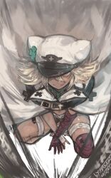 Rule 34 | 1girl, absurdres, artist name, bandages, blonde hair, cape, clover, dark-skinned female, dark skin, dated, evil smile, four-leaf clover, guilty gear, guilty gear strive, hair between eyes, hat, hat over one eye, highres, hua ha jiazi, long hair, looking at viewer, military hat, navel, ramlethal valentine, sharp teeth, smile, solo, teeth, thick thighs, thigh strap, thighs, white cape