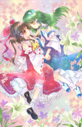 Rule 34 | 2girls, bow, brown eyes, brown hair, cherry blossoms, detached sleeves, eye contact, female focus, flower, frills, frog, green eyes, green hair, hair bow, hair ornament, hakurei reimu, holding hands, japanese clothes, kochiya sanae, large bow, lily (flower), long hair, looking at another, mary janes, miko, multiple girls, sarashi, shoes, short hair, smile, snake, torii sumi, touhou, yuri