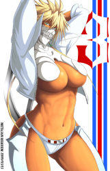 Rule 34 | 1girl, abs, alternate color, angel (kof), arms up, arrancar, artist name, bleach, blonde hair, blue eyes, breasts, chaps, cosplay, crossover, curvy, dark-skinned female, dark skin, dated, groin, k-suwabe, large breasts, looking at viewer, midriff, navel, number tattoo, revealing clothes, solo, spoilers, tattoo, the king of fighters, tier harribel, underboob