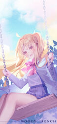 Rule 34 | 1girl, :d, ahoge, artist name, blonde hair, blue skirt, blue sky, blush, bocchi the rock!, bow, chain, chinese commentary, commentary request, day, eyelashes, eyes visible through hair, floating hair, from behind, grey jacket, hands up, happy, highres, ijichi nijika, jacket, legs, long hair, long sleeves, looking at viewer, miniskirt, open clothes, open jacket, open mouth, outdoors, parted bangs, pleated skirt, polka dot, polka dot bow, red bow, red eyes, school uniform, shirt, side ponytail, sitting, skirt, sky, smile, solo, swing, very long hair, white shirt, woodsbench