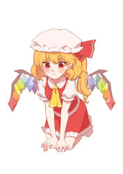 Rule 34 | 1girl, absurdres, ascot, blonde hair, blush, crystal, flandre scarlet, full body, hat, highres, iwakoo, looking at viewer, mob cap, pointy ears, puffy short sleeves, puffy sleeves, red eyes, red skirt, red vest, ribbon, shirt, short sleeves, simple background, sitting, skirt, skirt set, smile, solo, touhou, vest, white background, white shirt, wings
