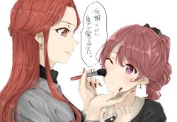 Rule 34 | 2girls, applying makeup, black bow, bow, brown eyes, brown hair, dangle earrings, drill hair, drill ponytail, drop earrings, duffy, earrings, fingernails, hair bow, hair ornament, hairclip, hand on another&#039;s chin, hands on own chest, heart, heart earrings, highres, idolmaster, idolmaster cinderella girls, jewelry, lips, looking at another, makeup brush, multiple girls, nail polish, necklace, one eye closed, ponytail, purple eyes, red hair, red nails, ring, shiina noriko, simple background, translation request, turtleneck, white background, zaizen tokiko